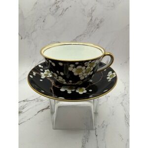 Noritake Hand Painted Black Porcelain Plum Blossom Teacup and Saucer Set Japan